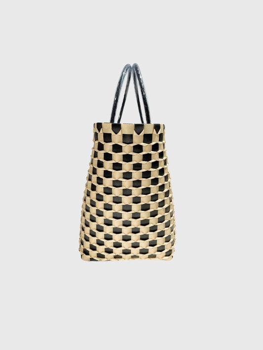 ブラック ベージュ エンボス ハンドバッグL