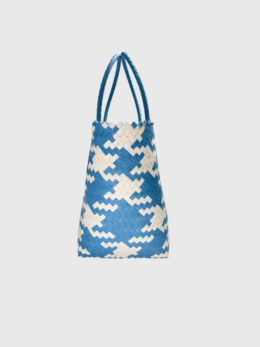 ブルー ホワイト 千鳥柄 エンボス ハンドバッグ