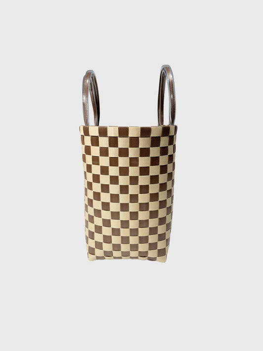 ブラウン ベージュ チェック エンボス ハンドバッグ