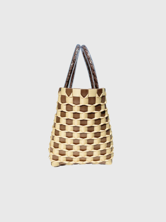 ブラウン ベージュ エンボス ミニ ハンドバッグ