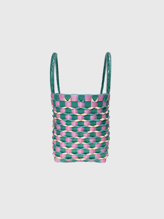 グリーン ピンク エンボス ミニ ハンドバッグ