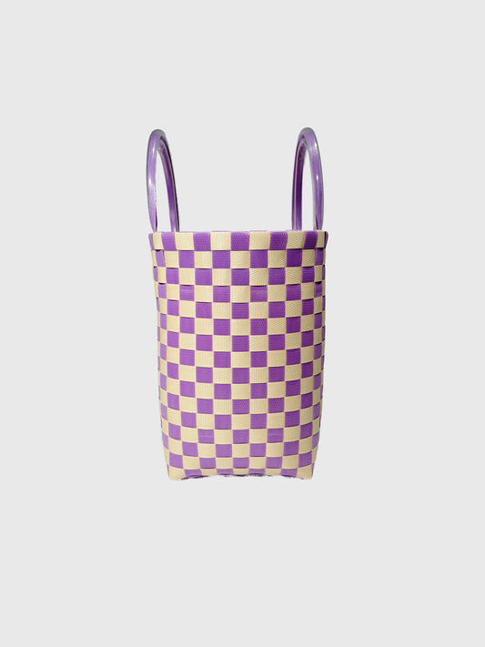 パープル ベージュ チェック エンボス ハンドバッグ