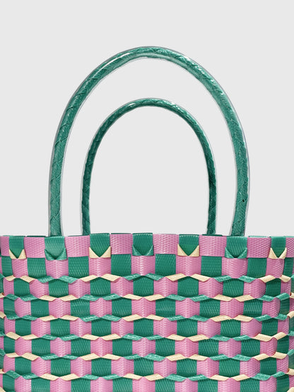 グリーン ピンク エンボス ハンドバッグ
